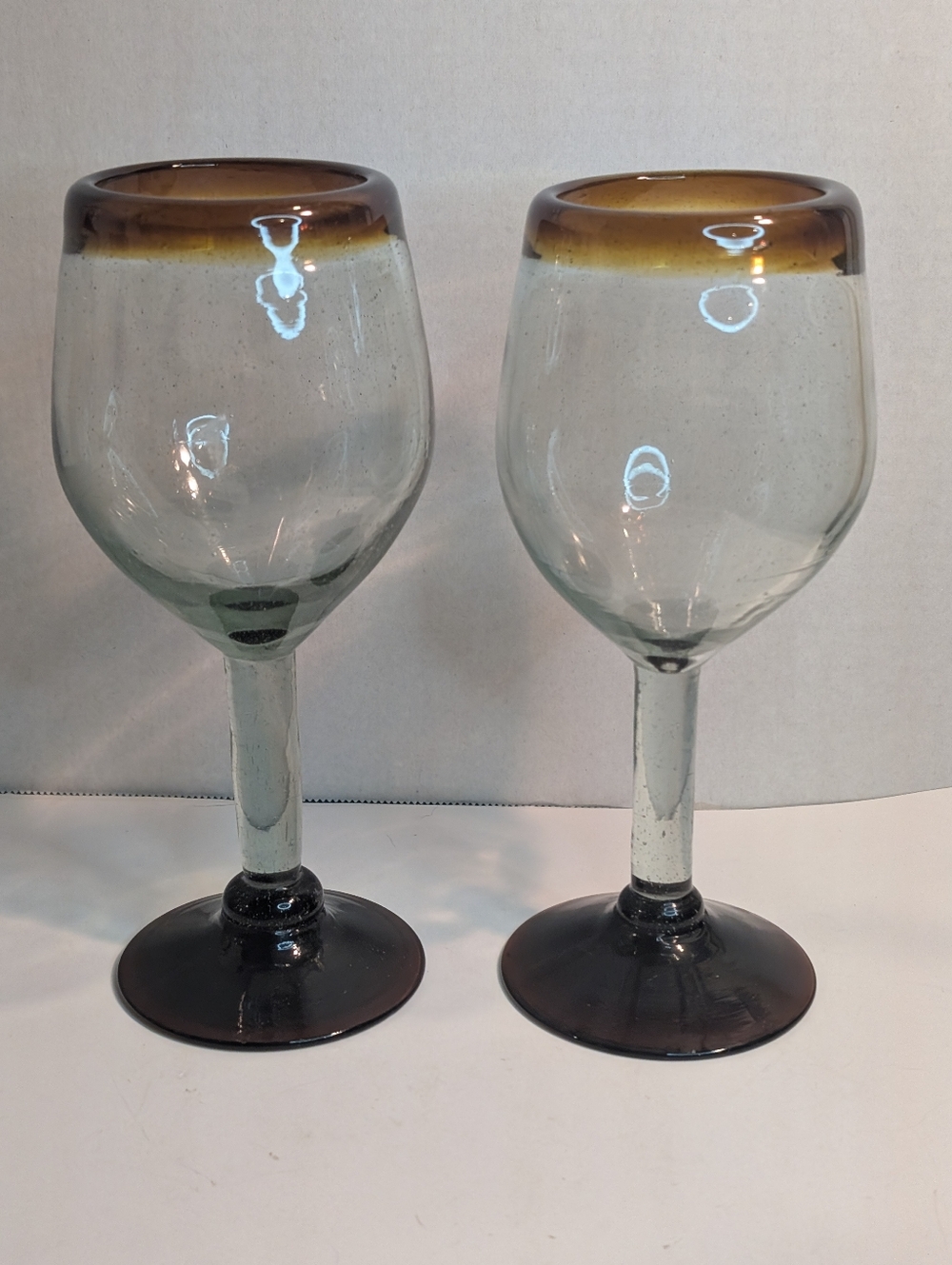 2- Hand Blown Mexico Amber Rim Margarita Balloon Goblet Glasses 18 oz.